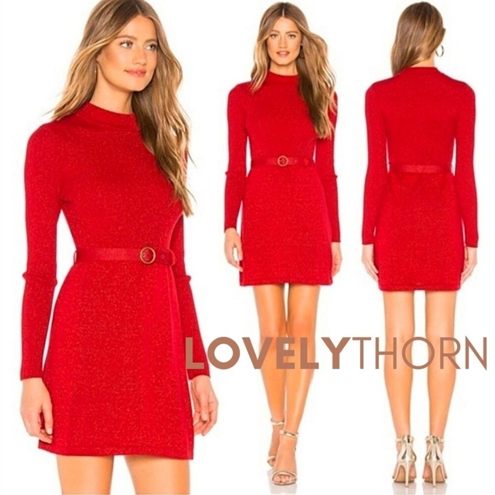 FREE PEOPLE // red shimmer long sleeve mock neck belted knit sweater dress
